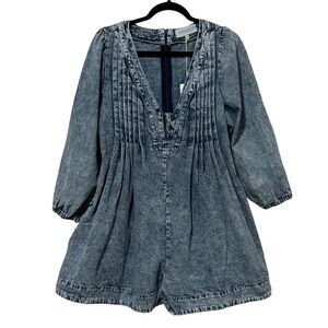 Veveret - Size L. - Acid Wash Denim Romper Pleated Puff Sleeve Blue NWT
